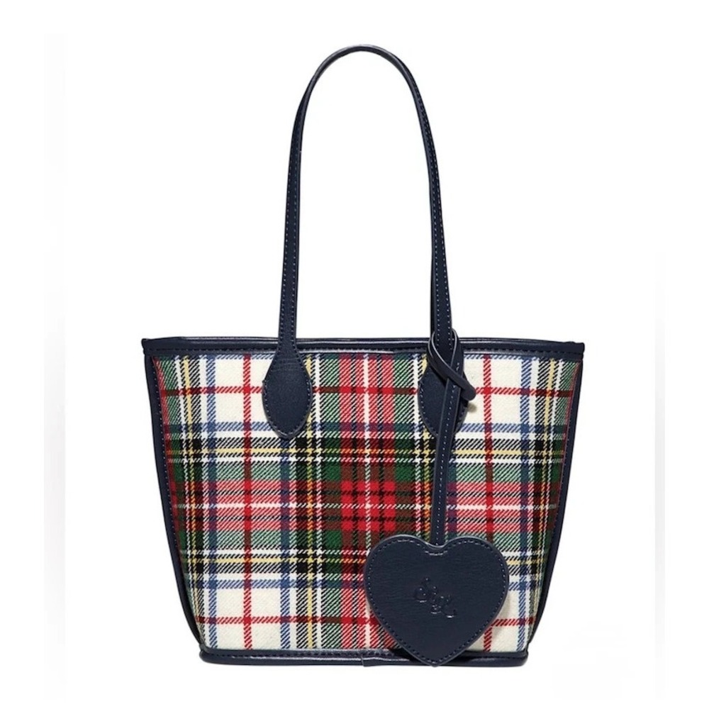Stoney Clover Lane Mini Plaid Tote with Heart Bag Charm Red Blue NEW